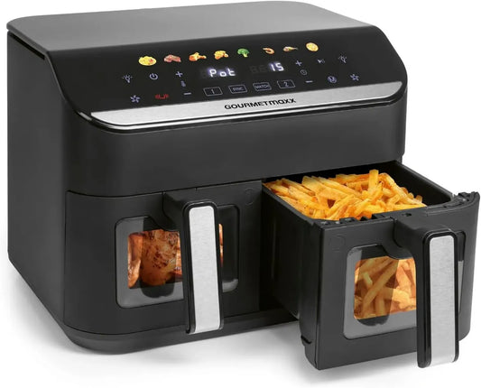 Friteuse à Air GOURMETmaxx, 9 L - Double Cuve 4,5 L | 8 Programmes | Préparation Simultanée pour 8 Personnes | Écran Tactile Multicolore