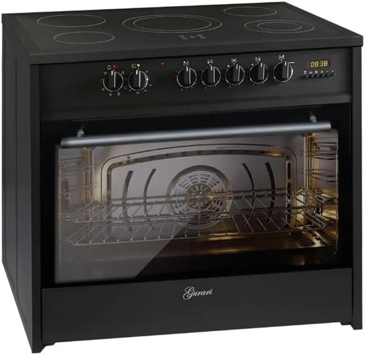 Fourneau électrique 90 cm, plaque vitrocéramique, 121 L, 8 fonctions, chaleur tournante, barbecue, 5 zones avec boosters, extracteur télescopique, noir